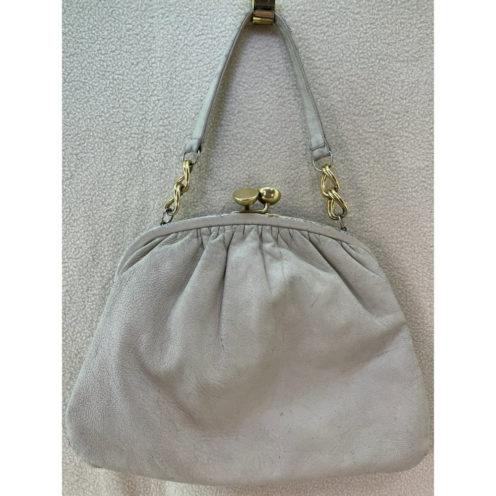 Ingber Antique/Vintage Off White Purse w/ Big Brass Top Clasp